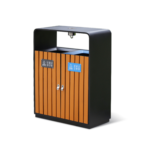 Wooden And Metal Double Trash Bin