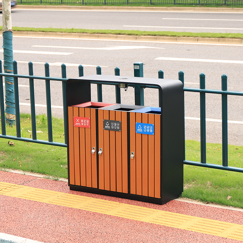 Wooden And Metal Recycling Trash Bin
