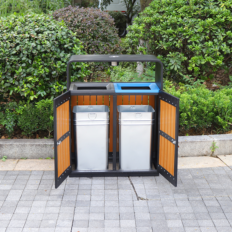 Wooden And Metal Double Trash Bin