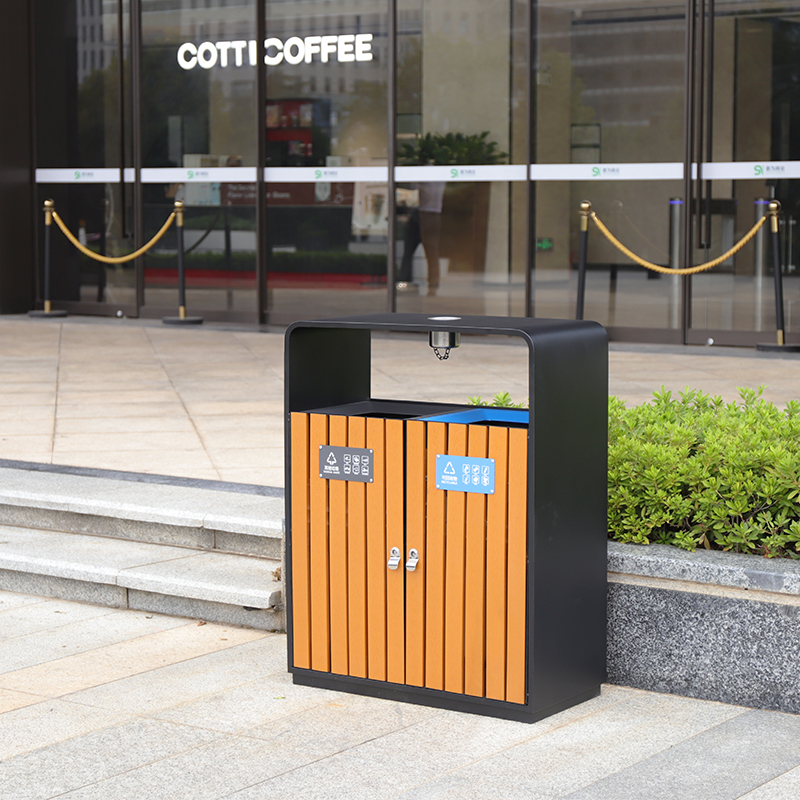 Wooden And Metal Double Trash Bin