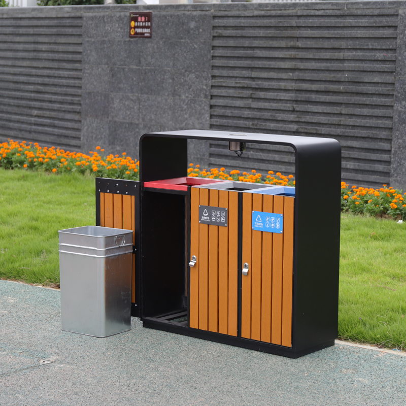 Wooden And Metal Recycling Trash Bin
