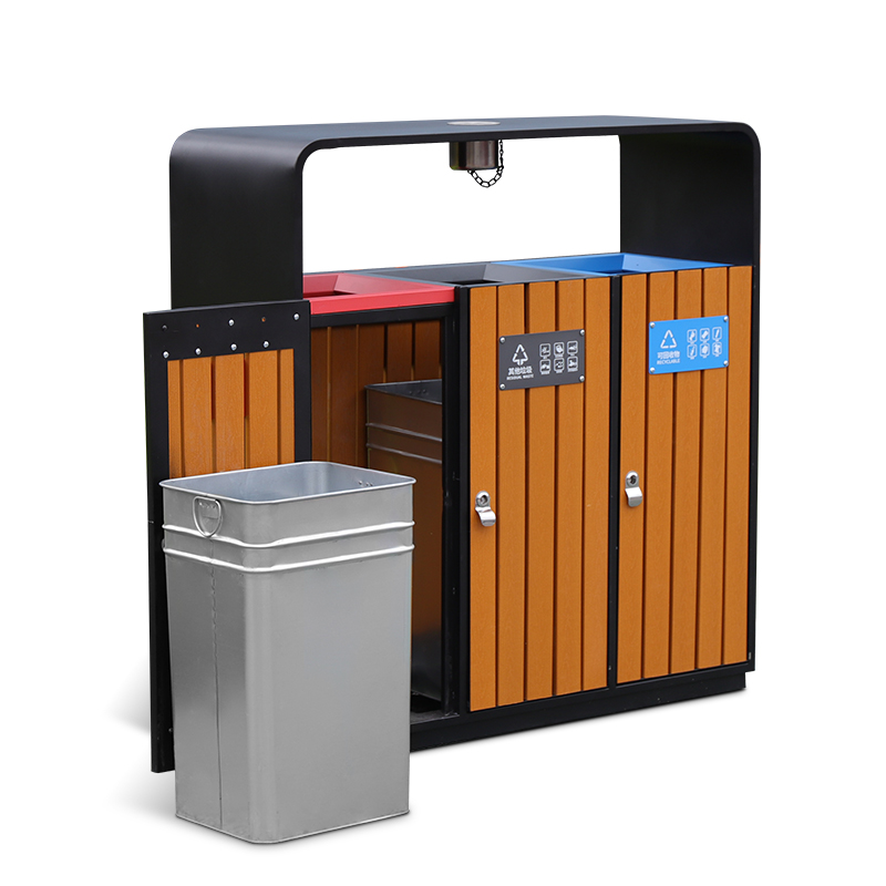 Wooden And Metal Recycling Trash Bin