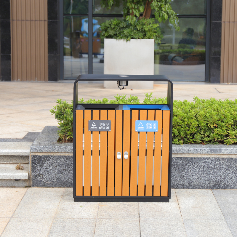 Wooden And Metal Double Trash Bin