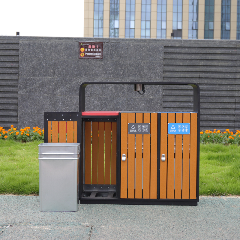 Wooden And Metal Recycling Trash Bin