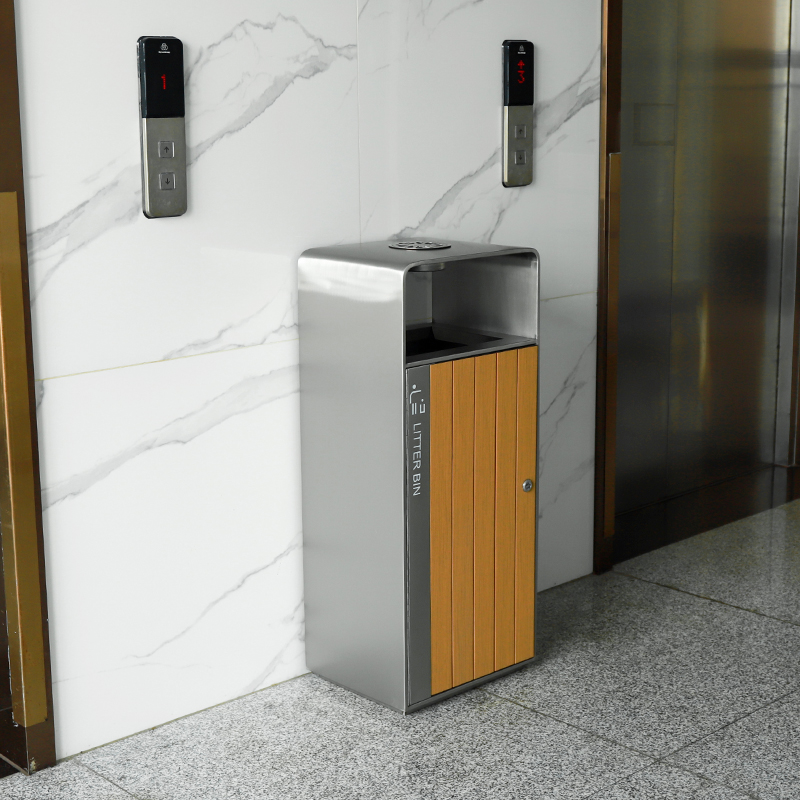 Stainless Steel With PS Plastic Wood Trash Bin