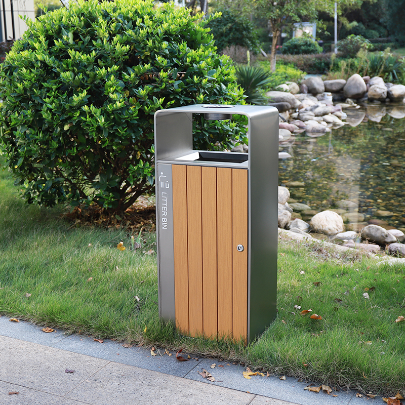 Stainless Steel With PS Plastic Wood Trash Bin