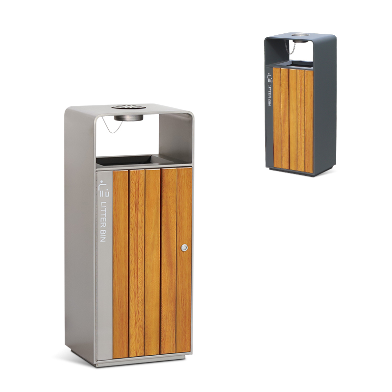 Stainless Steel With PS Plastic Wood Trash Bin