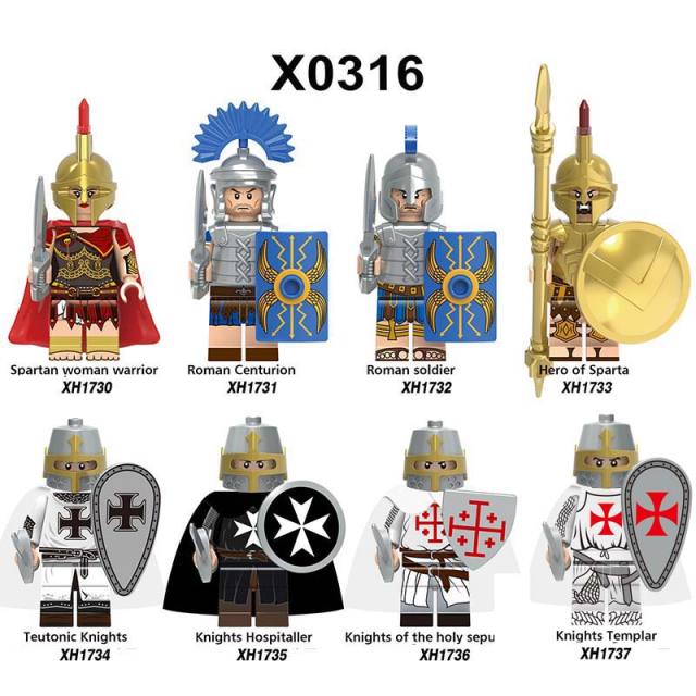 X0316 Medieval Military Soldiers Wars Minifigures Building Blocks  Spartan Warrior Roman Centurion Hero of Sparta Teutonic Knights Knights Hospitaller Knights of The Holy Sepulchre Knights Templar Action Mini Figures Weapon Helmet Shield Bricks Toys kids