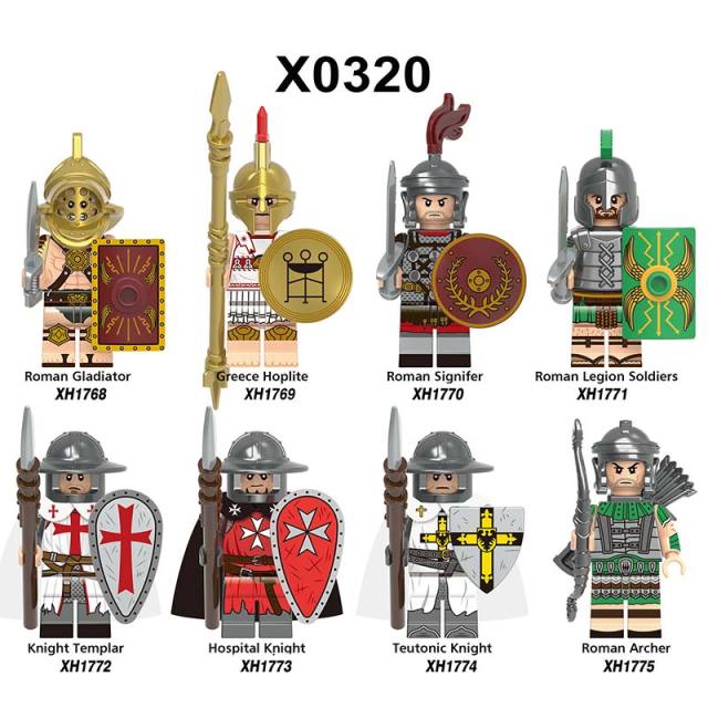 X0320 Medieval Military Soldiers Building Blocks Roman Gladiator Greece Hoplite Signifer Legion Soldiers Knight Templar Hospital Knight Teutonic Knight  Archer Action Mini Figures  Weapon Helmet Shield Armor Sword DIY  Accessories Bricks Toys