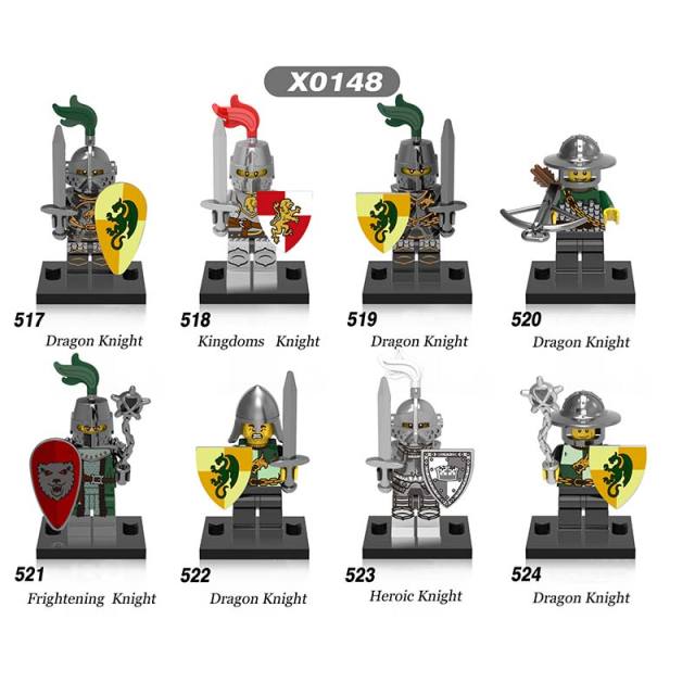 X0148 Medieval Military Soldiers Minifigures Set Building Blocks Dragon Knight Kingdom Knight Frightening Knight Heroic Knight Action Mini Figures Weapon Helmet Shield Armor Sword Assemble MOC Accessories Bricks Toys Children