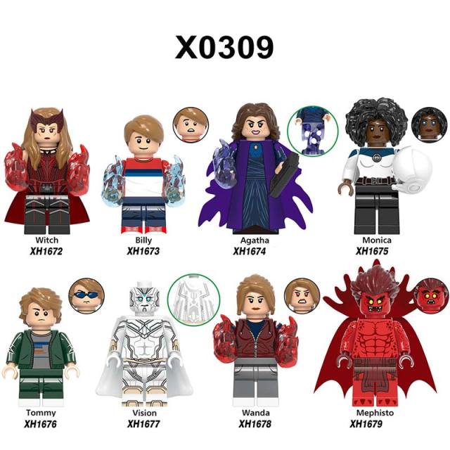 X0309 The Avengers Super Heroes Marvel Minifigures Building Blocks  Witch Billy Agatha Monica Tommy Vision Wanda Mephisto Action Mini Figures Assemble MOC DIY Bricks Educational Toys Gift for Children Boys Kids