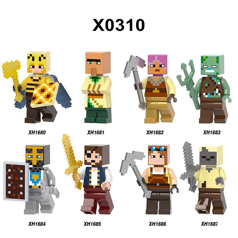 X0310 Mini World Minecraft Minifigures Building Blocks Husk Villager Zombie Hunter Honey Picker One-eyed Pirate Knight Action Mini Figures Assemble MOC DIY Bricks Educational Toys Gift for Children