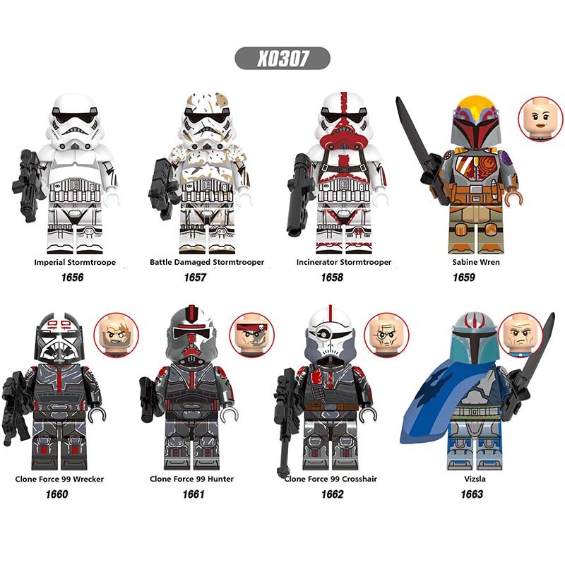 X0307 Star Wars Minifigures Building Blocks Incinerator Imperial Stormtrooper Battle Damaged Stormtrooper Sabine Wren Clone Force 99 Wrecker Force 99 Hunter 99 Crosshair Vizsla Movies Action Mini Figures Assemble Bricks Educational Toys Gift for Children
