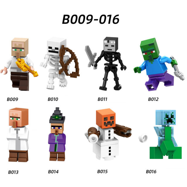 B009-016 Mini World Minecraft Minifigures Building Blocks Bolt Creeper Snow Golem Wither Skeleton Witch Zombie Villager Action Mini Figures Assemble MOC DIY Weapon Game Bricks Educational Toys Gift for Children Boys Kids