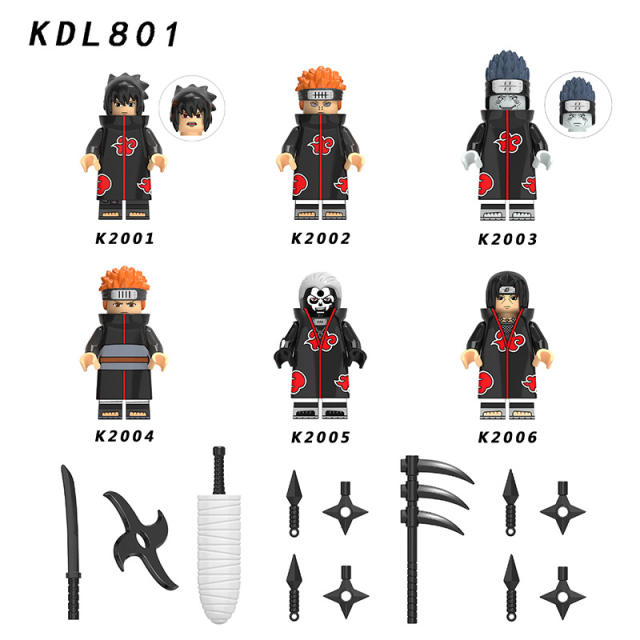 KDL801  NARUTO Anime Minifigures Building Blocks Akatsuki Pain Hoshigaki Kisame Uchiha Itachi Hidan Cartoon Action Mini Figures Assemble MOC DIY  Weapon Darts Bricks Educational Toys Gift for Children Boys Kids