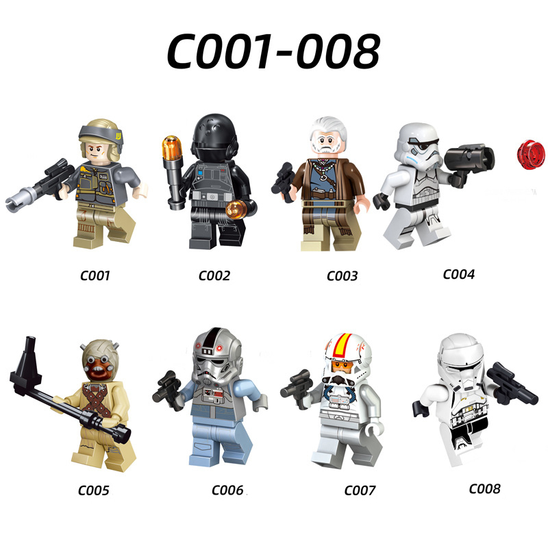 C001-008 Star Wars Minifigures Building Blocks Rebel Trooper Lor San Tekka stormtrooper Imperial Hovertank Pilot AT-AT Driver CLone Turbo Tank Tusken Raider Action Mini Figures Assemble MOC DIY Weapon Game Bricks Educational Toys Gift for Children Boys