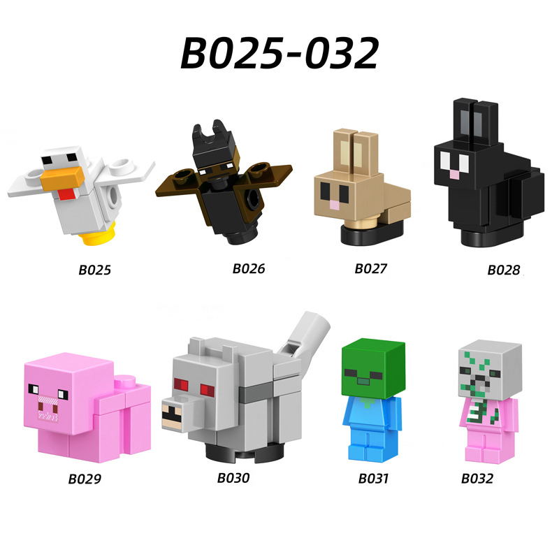 B025-032 Mini World Minecraft Minifigures Building Blocks Animal Farm Zoom Duck Bat Rabbit Baby Pig Zombie Zombified Piglin Action Mini Figures Assemble MOC DIY Bricks Educational Toys Gift for Children Boys Kids