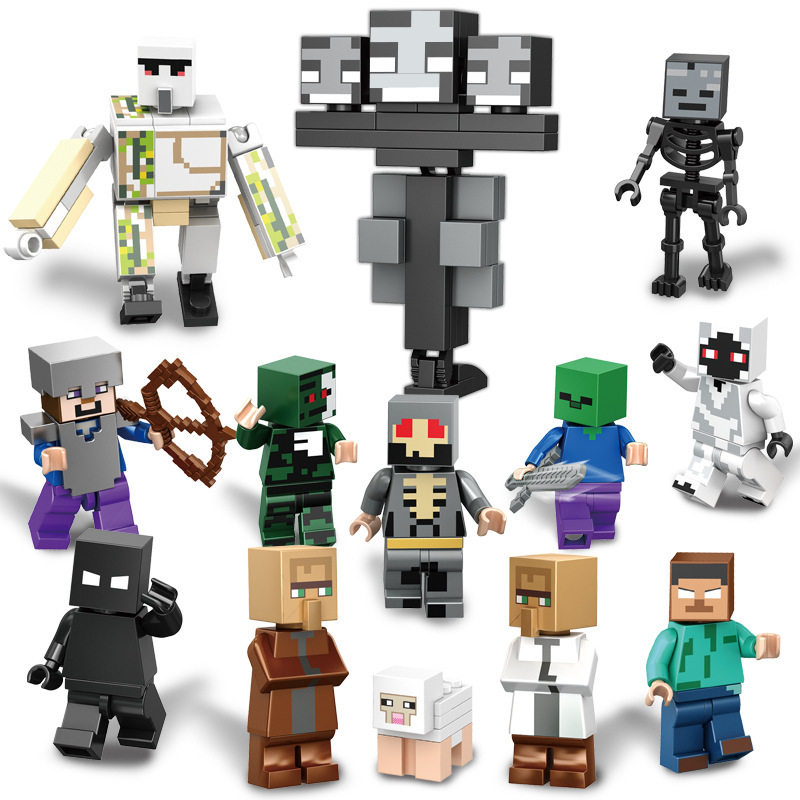 XL04 Mini World Minecraft Minifigures Building Blocks Iron Golem Wither Boss Zombie Villager Action Mini Figures Assemble MOC DIY Weapon Sword Game Bricks Educational Toys Gift for Children Boys Kids