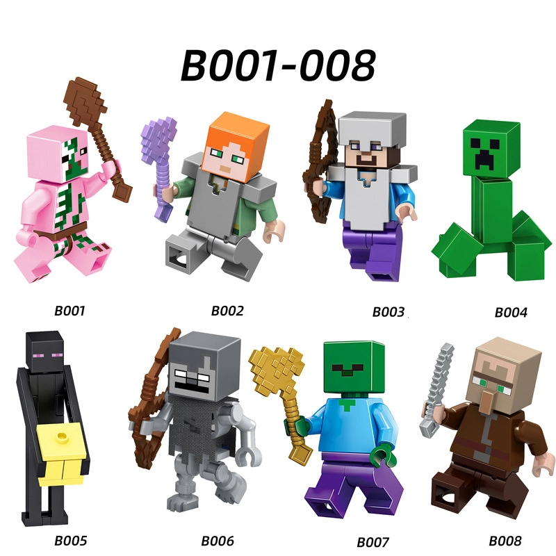 B001-008 Mini World Minecraft Minifigures Building Blocks Zombie Pigman  Alex Steve Creeper Villager Stray Endman Action Mini Figures Assemble DIY 