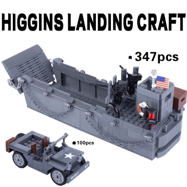MOC WW2 US Soldier Minifigures LCM3 Higgins Landing Craft Jeep Vehicle Building Blocks Military Army Warship Boat Bricks Toys