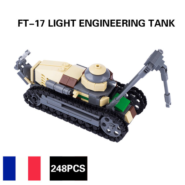 MOC WW2 France Soldier Minifigures Renault FT-17 Tank Cars Building Blocks Military Army Vehicle Weapon Parts Bricks Model Toys