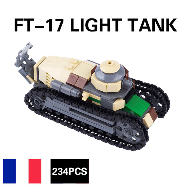 MOC WW2 France Soldier Minifigures Renault FT-17 Tank Cars Building Blocks Military Army Vehicle Weapon Parts Bricks Model Toys