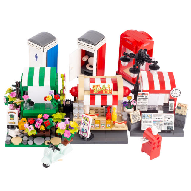 MOC Shop Market Street View Phone Booth Public Toilet Hot Dog Vehicle City Building Blocks Dining Bar Food Parts Brick Toys