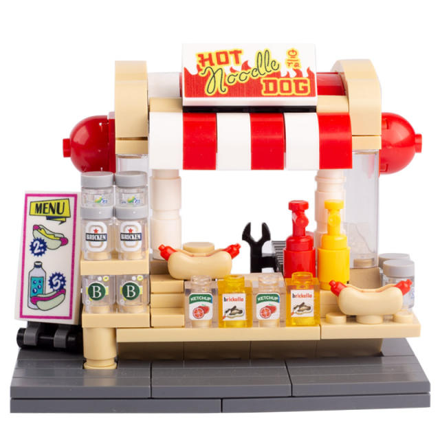 MOC Shop Market Street View Phone Booth Public Toilet Hot Dog Vehicle City Building Blocks Dining Bar Food Parts Brick Toys