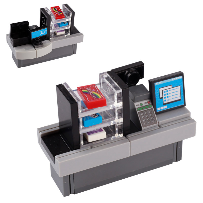DIY Shop Market Stree View City Building Blocks Cashier Seafood Vegetables Desserts Drinks Freezer Parts Brick Toys