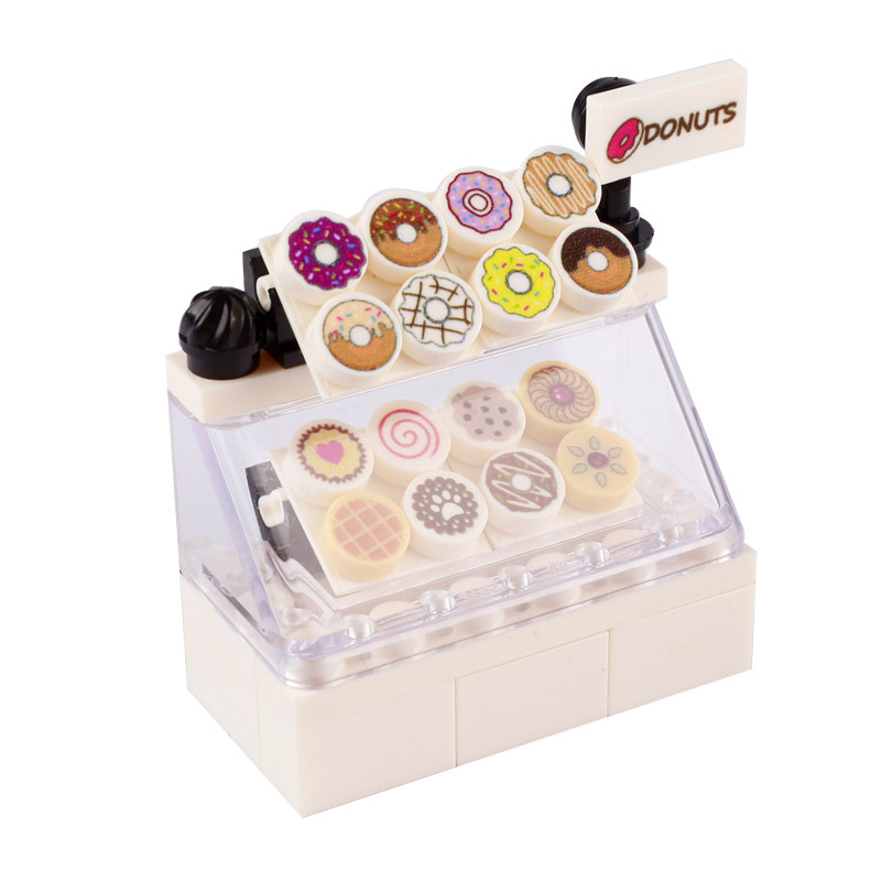 DIY Shop Market Stree View City Building Blocks Cashier Seafood Vegetables Desserts Drinks Freezer Parts Brick Toys