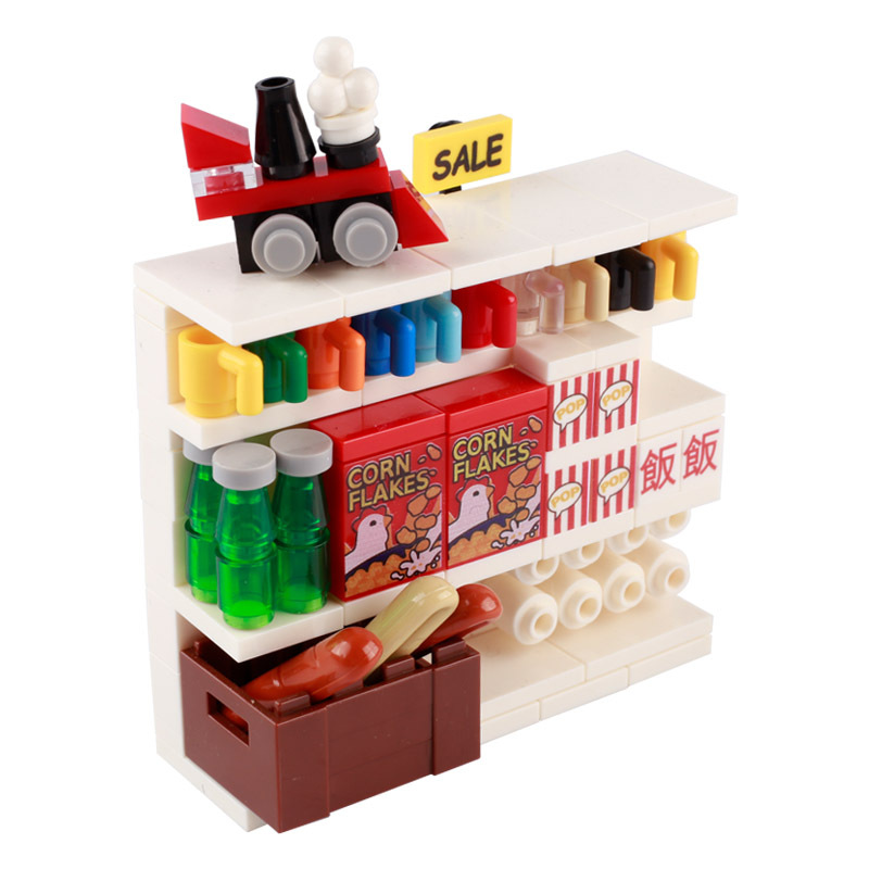 DIY Shop Market Stree View City Building Blocks Cashier Seafood Vegetables Desserts Drinks Freezer Parts Brick Toys