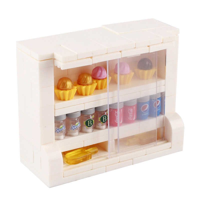 DIY Shop Market Stree View City Building Blocks Cashier Seafood Vegetables Desserts Drinks Freezer Parts Brick Toys