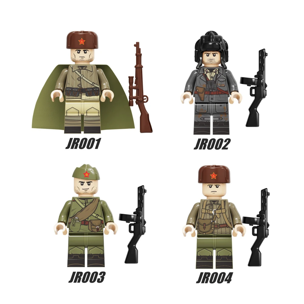 JR001-004 WW2 Soviet Military Soldier Minifigs Building Blocks Army Weapons  Gun Helmet Parts Mini Accessories Bricks Toys