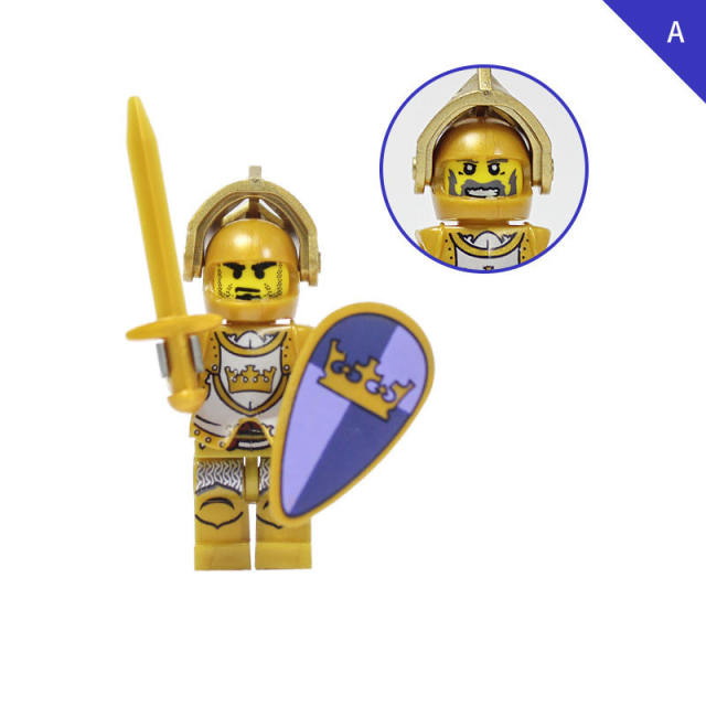 AX9802 Medieval Golden Knight Minifigs Building Blocks Warrior Archer Military Weapons Shield Bricks Toys Gifts For Children