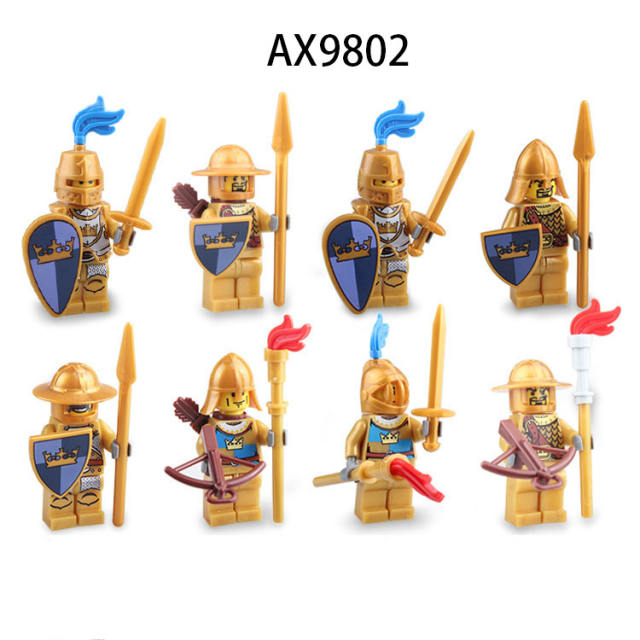 AX9802 Medieval Golden Knight Minifigs Building Blocks Warrior Archer Military Weapons Shield Bricks Toys Gifts For Children