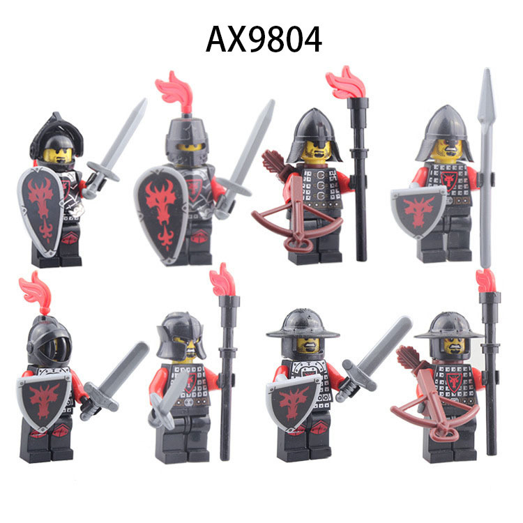 AX9804 Medieval Red Dragon Knight Minifigs Building Blocks Soldier Warrior Archer Military Weapons Shield Bricks Toys Gifts For Children