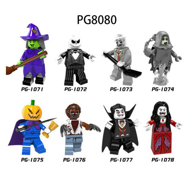 PG8080 Halloween Pumpkin Minifigs Building Blocks Witch Werewolf Zombie Skeleton Clown Roleplay Models Toys Gifts For Children