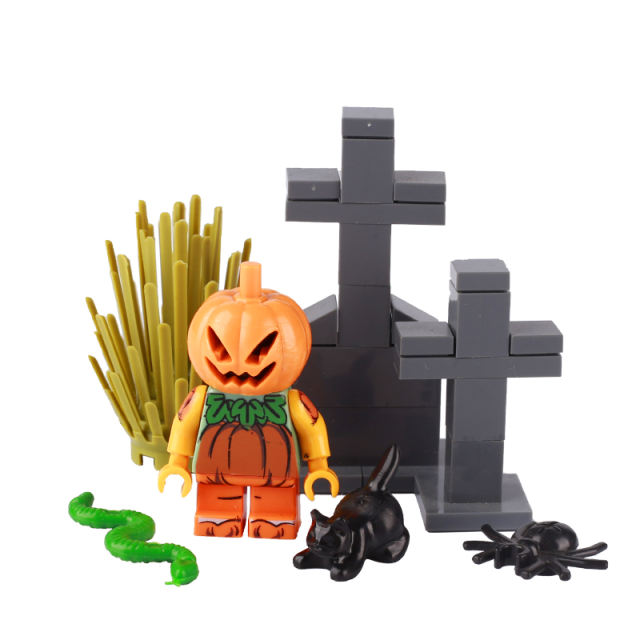 DIY City Halloween Cemetery Building Blocks Printed Tombstone Skull Ghost Zombie Skeleton Pumpkin Accessories Brick Toy For Kids