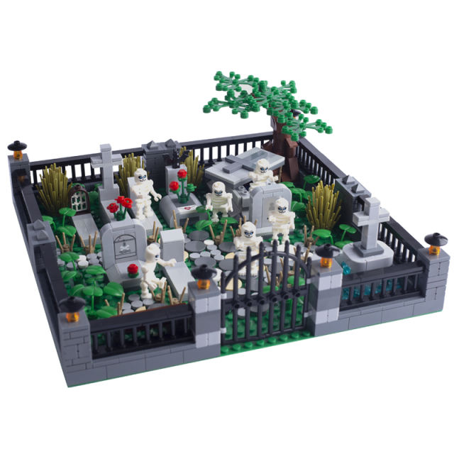 MOC Halloween Cemetery Building Blocks Ghost Skull Zombie Skeleton Minifigures Grass Rose Plant Parts Accessories Kids Toys Gift