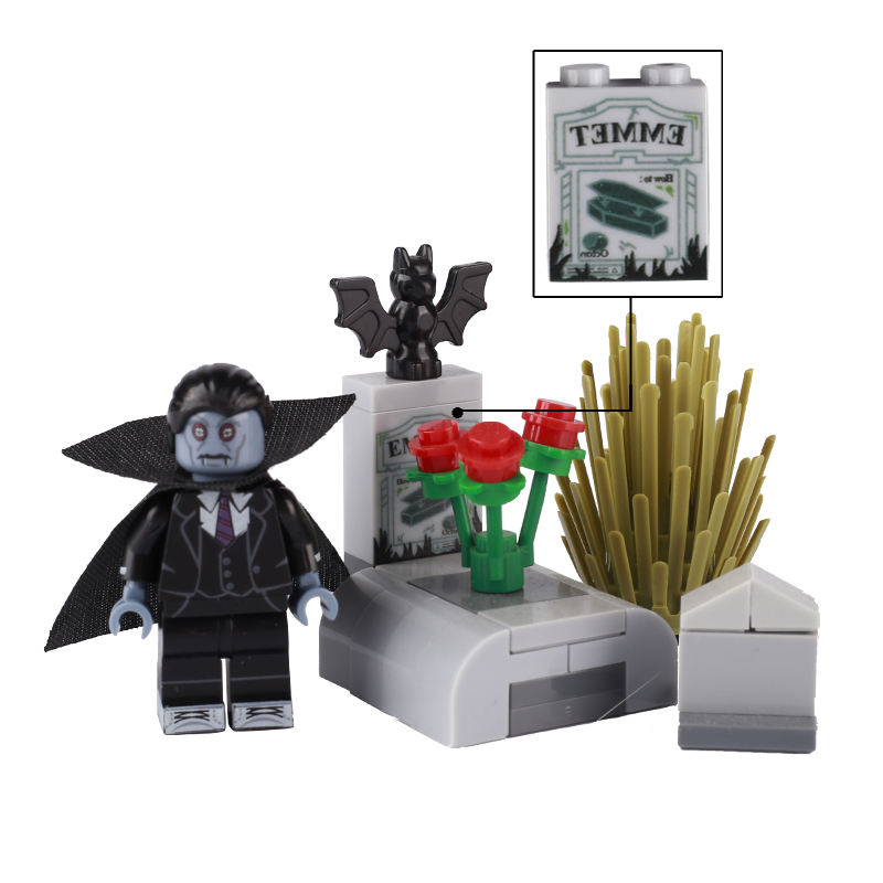 MOC Printed Tombstone Halloween Cemetery Building Blocks Ghost Vampire Pumpkin Skull Skeleton Minifigures Bricks Toys For Kids