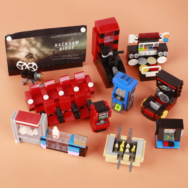 MOC City Street View Cinema Building Block Furniture Movie Drink Game Ice Cream Pizza Popcorn Food DIY Bricks Toy Friends Gifts