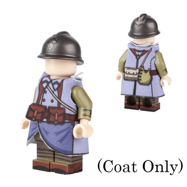 WW1 France Soviet Military Weapon Coat Soldiers Minifigs Building Blocks Army Officer Camouflage Raincoat Brick Model Toys Gifts