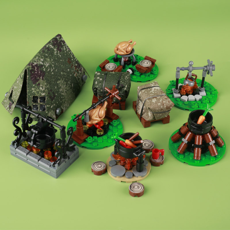 MOC Military Bonfire Building Blocks Army Soldiers Figures Camouflag Tent Campfire Food Chicken Accessories Bricks Toys For Kids