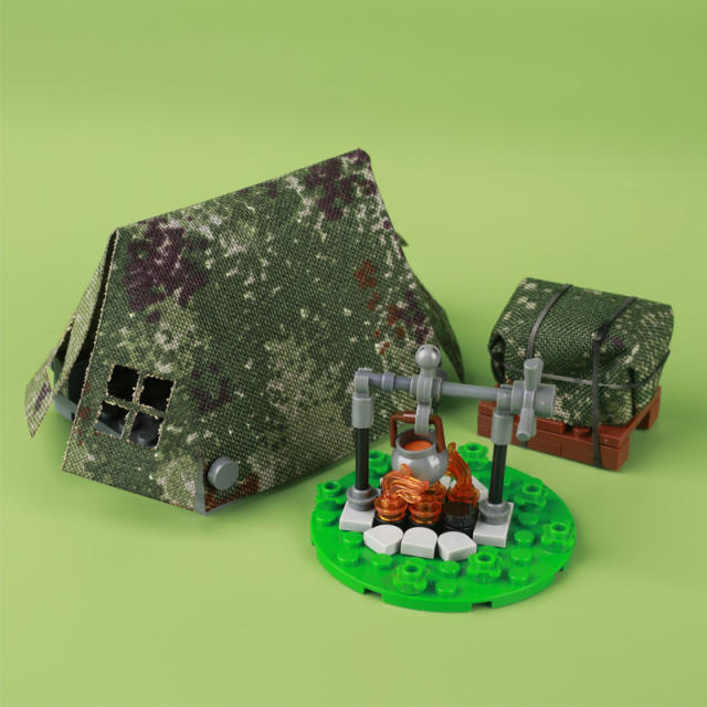 MOC Military Bonfire Building Blocks Army Soldiers Figures Camouflag Tent Campfire Food Chicken Accessories Bricks Toys For Kids