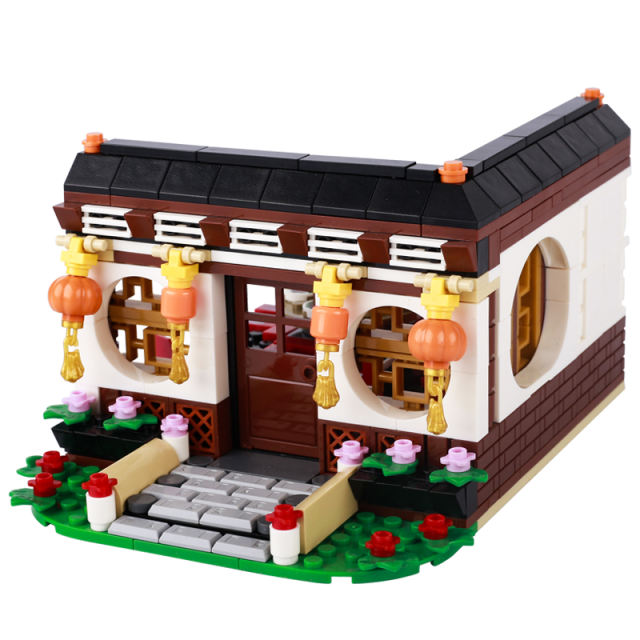 MOC City Street View Creative House Building Block Happy New Year Model Food Drink Printed Decoration Bricks Boys Kids Toys Gift