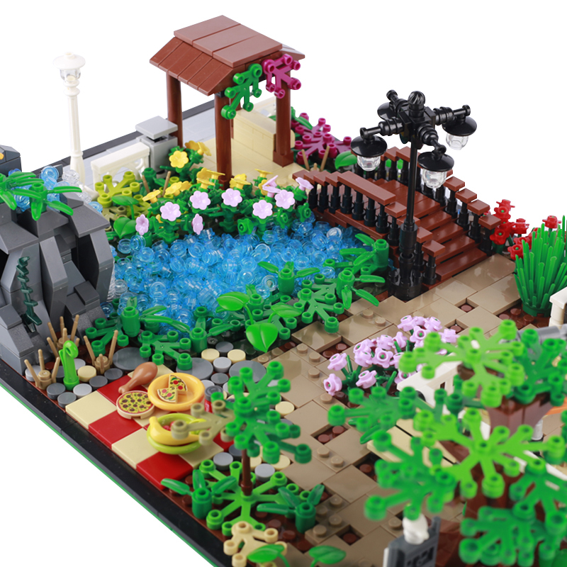 MOC City Park Building Blocks Street View Construction Models Picnic Camp Animals Plant Flowers Tree Bricks Educational Toy Kids
