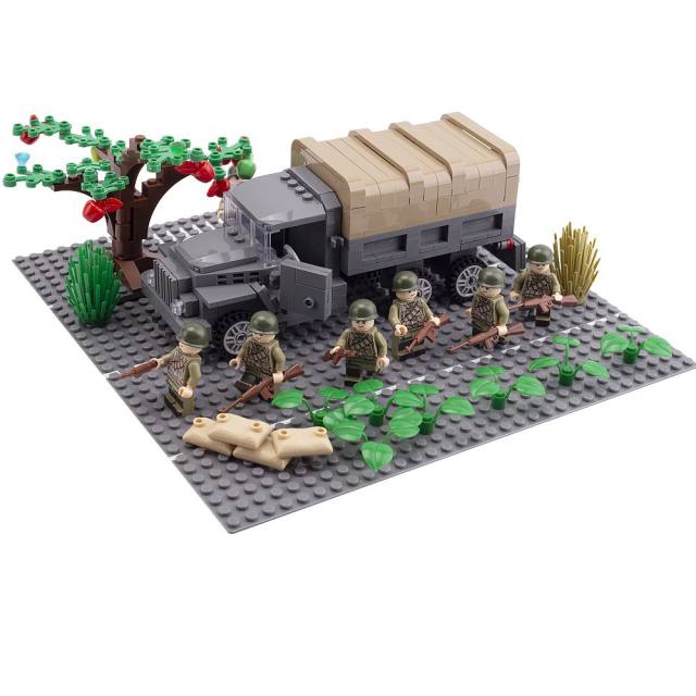 WW2 Military American Army Trucks Model Wheeled Building Blocks US Soldiers Minifigures Weapons Accessories Bricks Children Toys