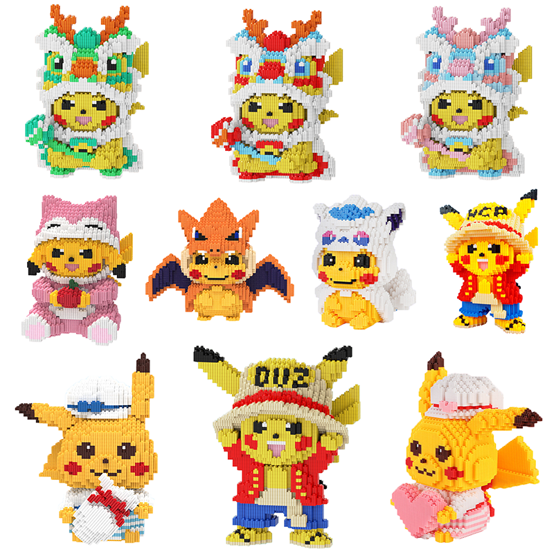 Pokemon Anime Pikachu Building Blocks Cartoon Lion Dance Model One Piece Mini Bricks Educational Toys Christmas Gift For Children