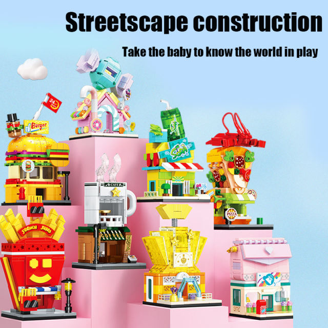MOC Mini City Street Coffee Store Candy House Building Blocks Vintage Burger Bag Pizza French Fries Perfume Scene Toys Kids Gift