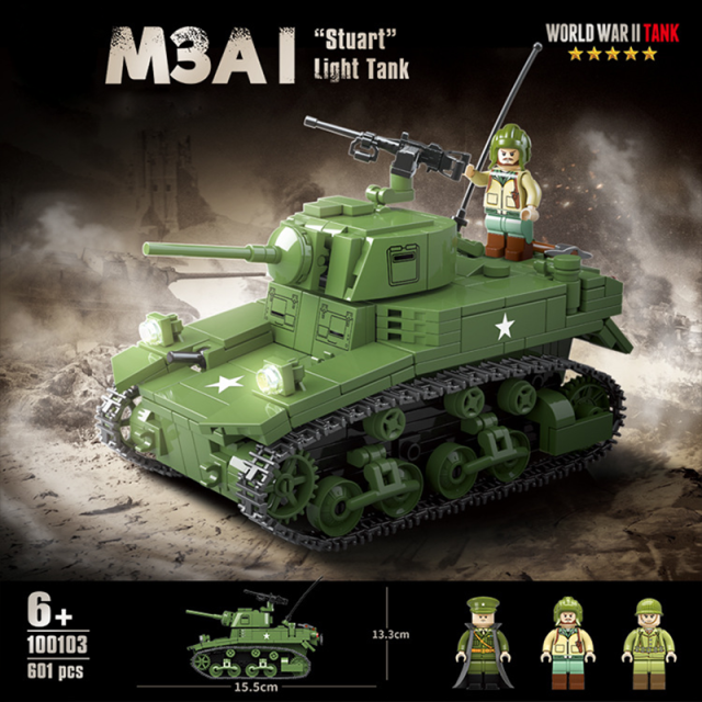 MOC WW2 Military Model M3A1 Stuart Light Tank Building Blocks US Soldier Army Weapons Minifigures Collectible Bricks Gift Boy Kid